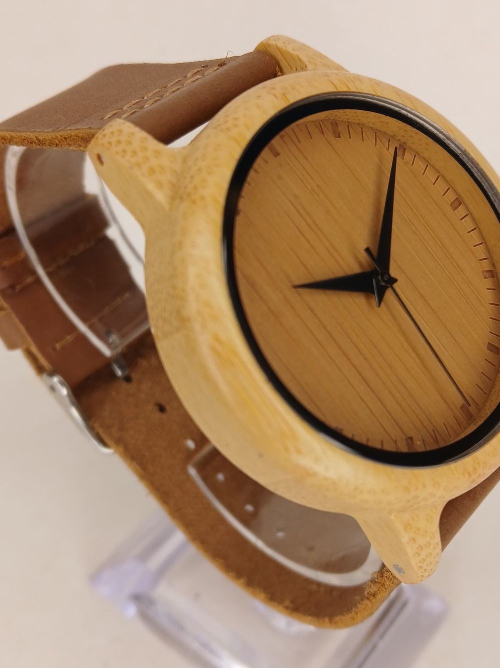 Minimalist Natural Bamboo Wooden Watch Brown Leather Strap Quartz Wristwatch